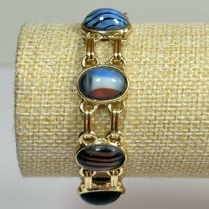 Vintage MCM Multicolor Striped Glass Cabochons Gold Tone Linked Bracelet